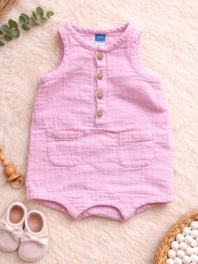 Old Navy | Pink | Muslin Baby Romper | 3–6 Months | Button | One Piece